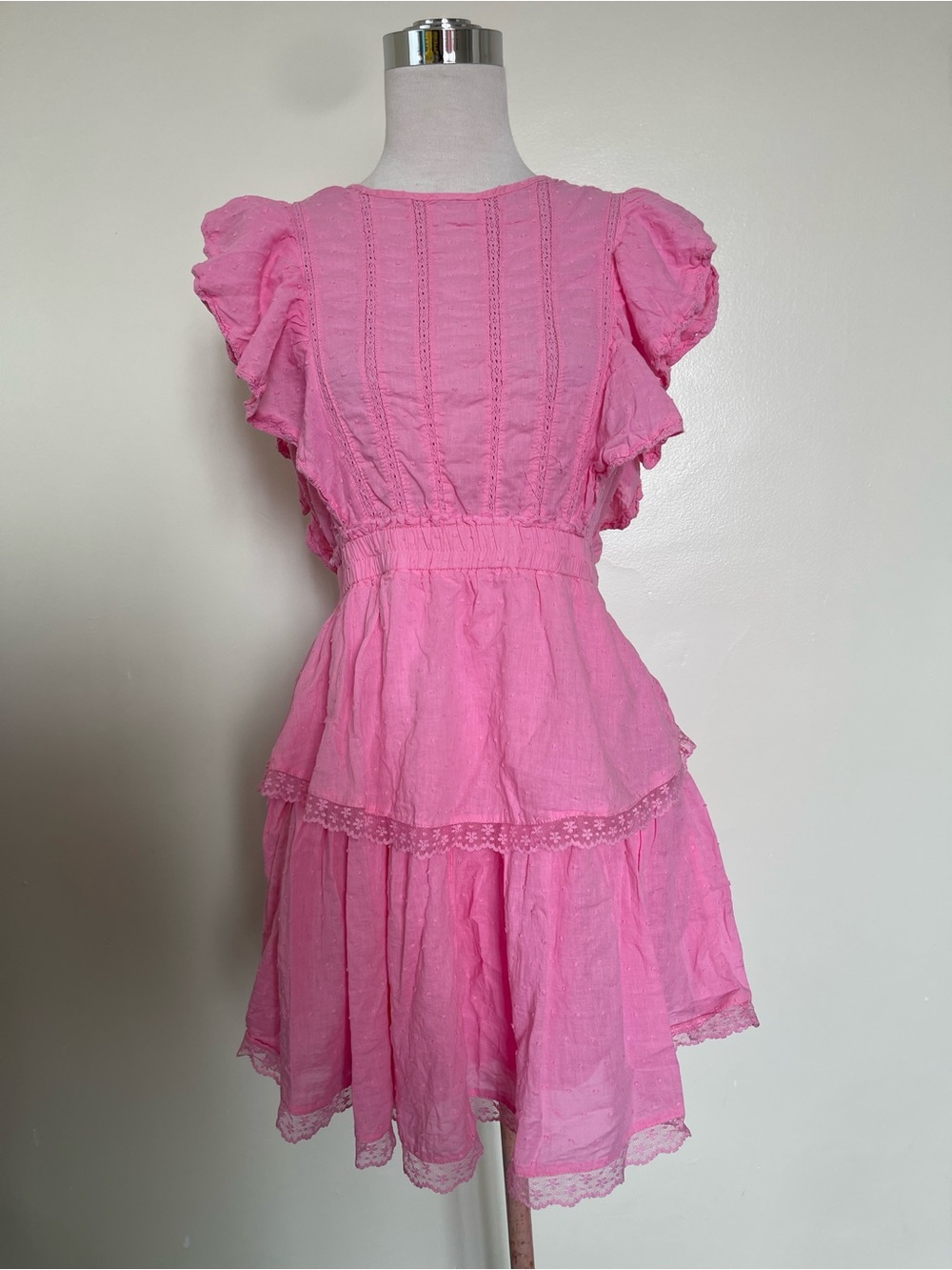 Forever 21 Pink Textured Lace-Trim flared sleeves gauzy dress
